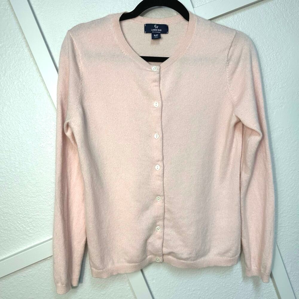 Lands' End 100% Cashmere Cardigan Button Up Sweater Pastel Pink - Size Small - Picture 2 of 6